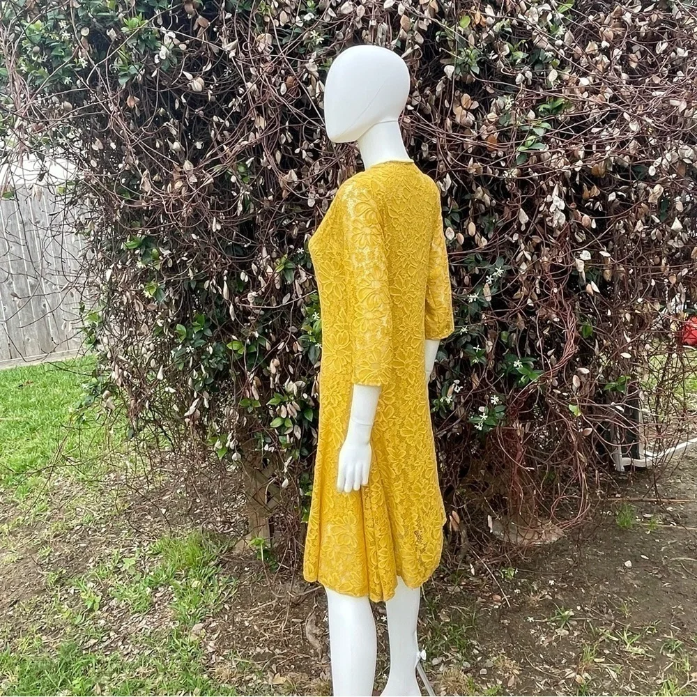 L & B Lucky & Blessed Lace Overlay Lined Mustard Yellow Midi Dress